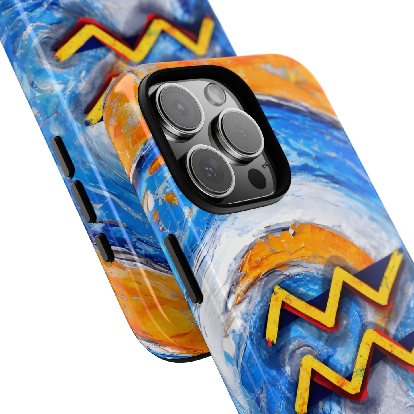 Aquarius zodiac phone case featuring vibrant blue swirling artwork, orange accents, and a bold Aquarius symbol on a protective glossy phone case.