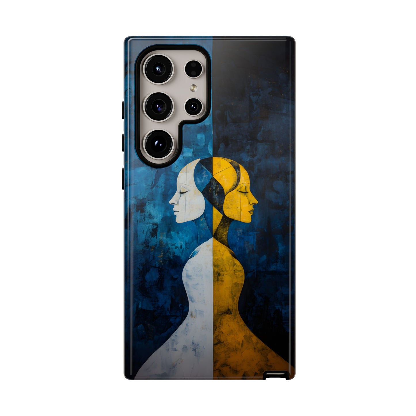 Gemini zodiac phone case featuring stylized twin figures rendered in gold and ivory against a richly textured midnight blue background, symbolizing the dual nature of Gemini.