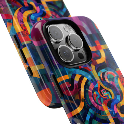 Abstract Portal phone case featuring colorful interwoven curves, concentric circles, and vibrant geometric artwork in blue, purple, orange, pink, and teal.