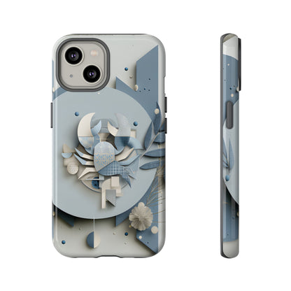 Cancer zodiac phone case featuring a stylized crab design, layered blue-gray artwork, and elegant geometric details on a protective glossy phone case.