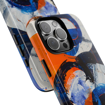 Recipe for Love and Conflict phone case featuring bold blue, orange, white, and black abstract circular forms with expressive brushstrokes and contemporary geometric artwork.