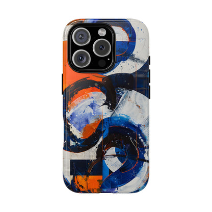 Recipe for Love and Conflict phone case featuring bold blue, orange, white, and black abstract circular forms with expressive brushstrokes and contemporary geometric artwork.