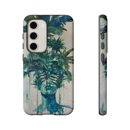Deceitful Palms phone case featuring a surreal teal portrait partially concealed by lush tropical palm leaves, blending botanical imagery with abstract expression to symbolize hidden truths, perception, and mystery.