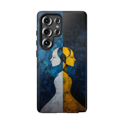 Gemini zodiac phone case featuring stylized twin figures rendered in gold and ivory against a richly textured midnight blue background, symbolizing the dual nature of Gemini.