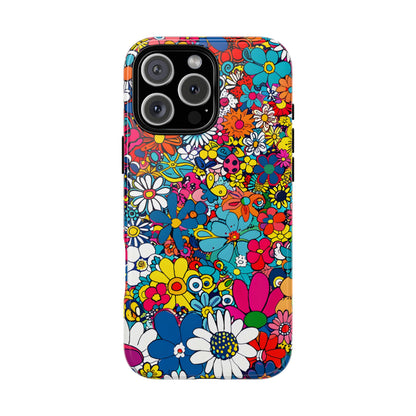 Retro Flowers phone case featuring a vibrant collage of colorful floral illustrations in a playful vintage-inspired design, celebrating creativity, joy, and timeless flower power style.