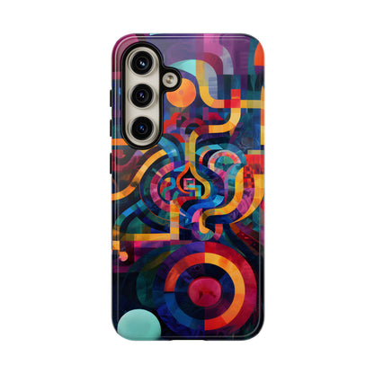 Abstract Portal phone case featuring colorful interwoven curves, concentric circles, and vibrant geometric artwork in blue, purple, orange, pink, and teal.