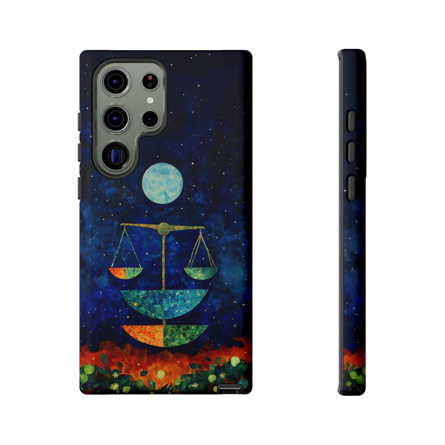 Libra zodiac phone case featuring elegant celestial scales beneath a glowing moon in a star-filled night sky, capturing the balanced and harmonious spirit of Libra.
