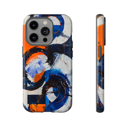 Recipe for Love and Conflict phone case featuring bold blue, orange, white, and black abstract circular forms with expressive brushstrokes and contemporary geometric artwork.