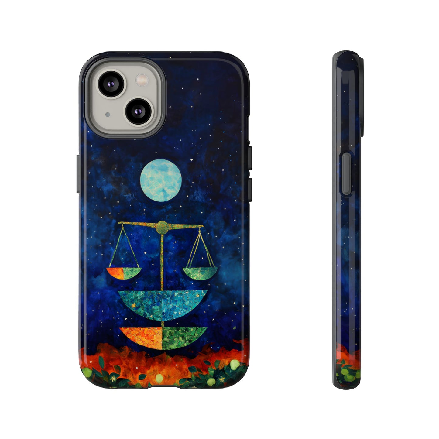 Libra zodiac phone case featuring elegant celestial scales beneath a glowing moon in a star-filled night sky, capturing the balanced and harmonious spirit of Libra.