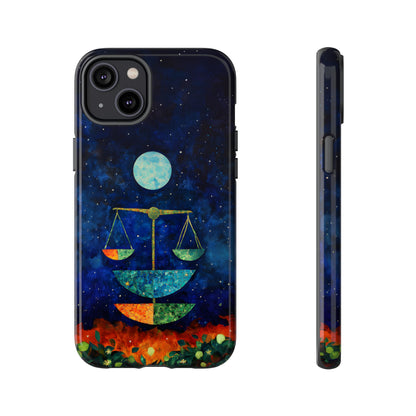 Libra zodiac phone case featuring elegant celestial scales beneath a glowing moon in a star-filled night sky, capturing the balanced and harmonious spirit of Libra.