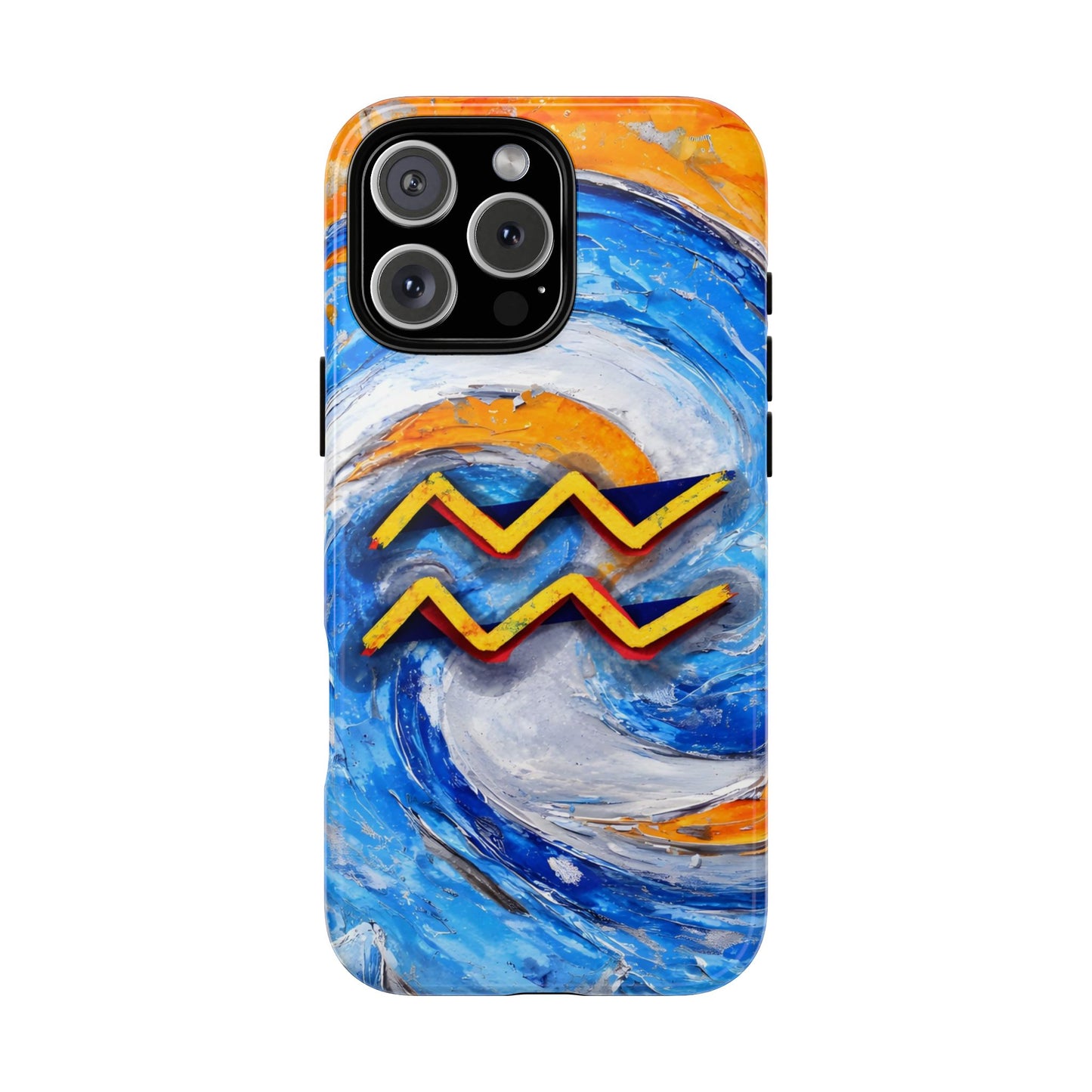 Aquarius zodiac phone case featuring vibrant blue swirling artwork, orange accents, and a bold Aquarius symbol on a protective glossy phone case.