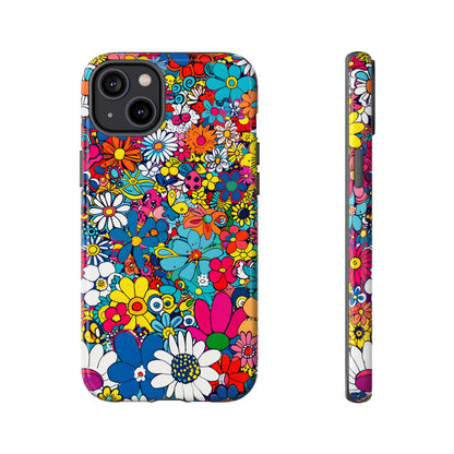 Retro Flowers phone case featuring a vibrant collage of colorful floral illustrations in a playful vintage-inspired design, celebrating creativity, joy, and timeless flower power style.