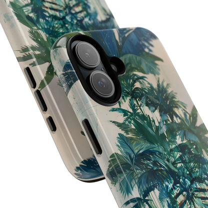 Deceitful Palms phone case featuring a surreal teal portrait partially concealed by lush tropical palm leaves, blending botanical imagery with abstract expression to symbolize hidden truths, perception, and mystery.