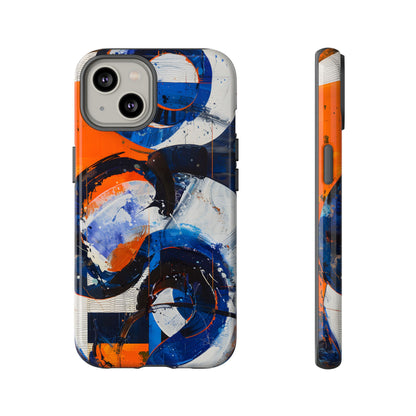 Recipe for Love and Conflict phone case featuring bold blue, orange, white, and black abstract circular forms with expressive brushstrokes and contemporary geometric artwork.