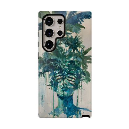 Deceitful Palms phone case featuring a surreal teal portrait partially concealed by lush tropical palm leaves, blending botanical imagery with abstract expression to symbolize hidden truths, perception, and mystery.