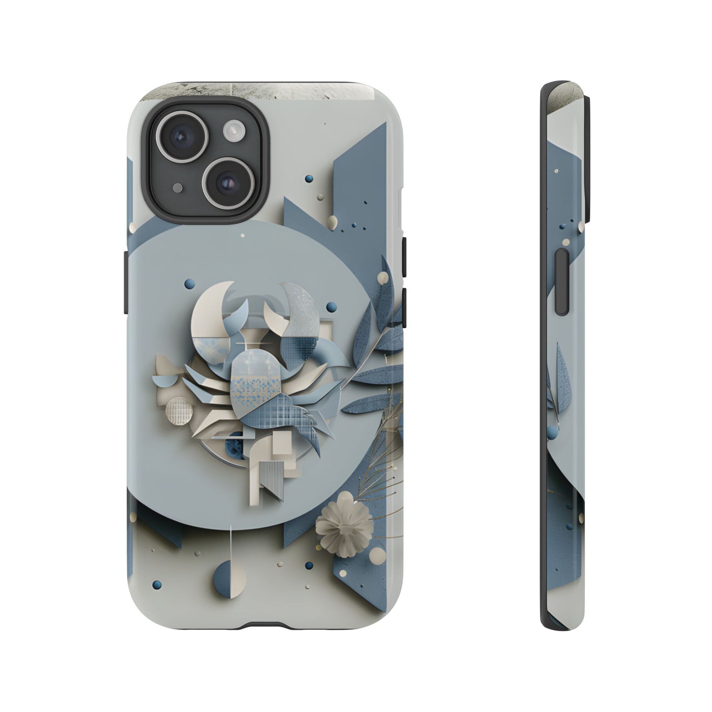Cancer zodiac phone case featuring a stylized crab design, layered blue-gray artwork, and elegant geometric details on a protective glossy phone case.