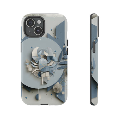Cancer zodiac phone case featuring a stylized crab design, layered blue-gray artwork, and elegant geometric details on a protective glossy phone case.