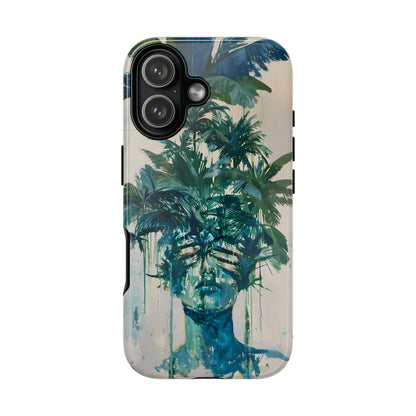 Deceitful Palms phone case featuring a surreal teal portrait partially concealed by lush tropical palm leaves, blending botanical imagery with abstract expression to symbolize hidden truths, perception, and mystery.
