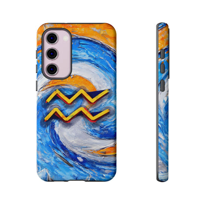 Aquarius zodiac phone case featuring vibrant blue swirling artwork, orange accents, and a bold Aquarius symbol on a protective glossy phone case.