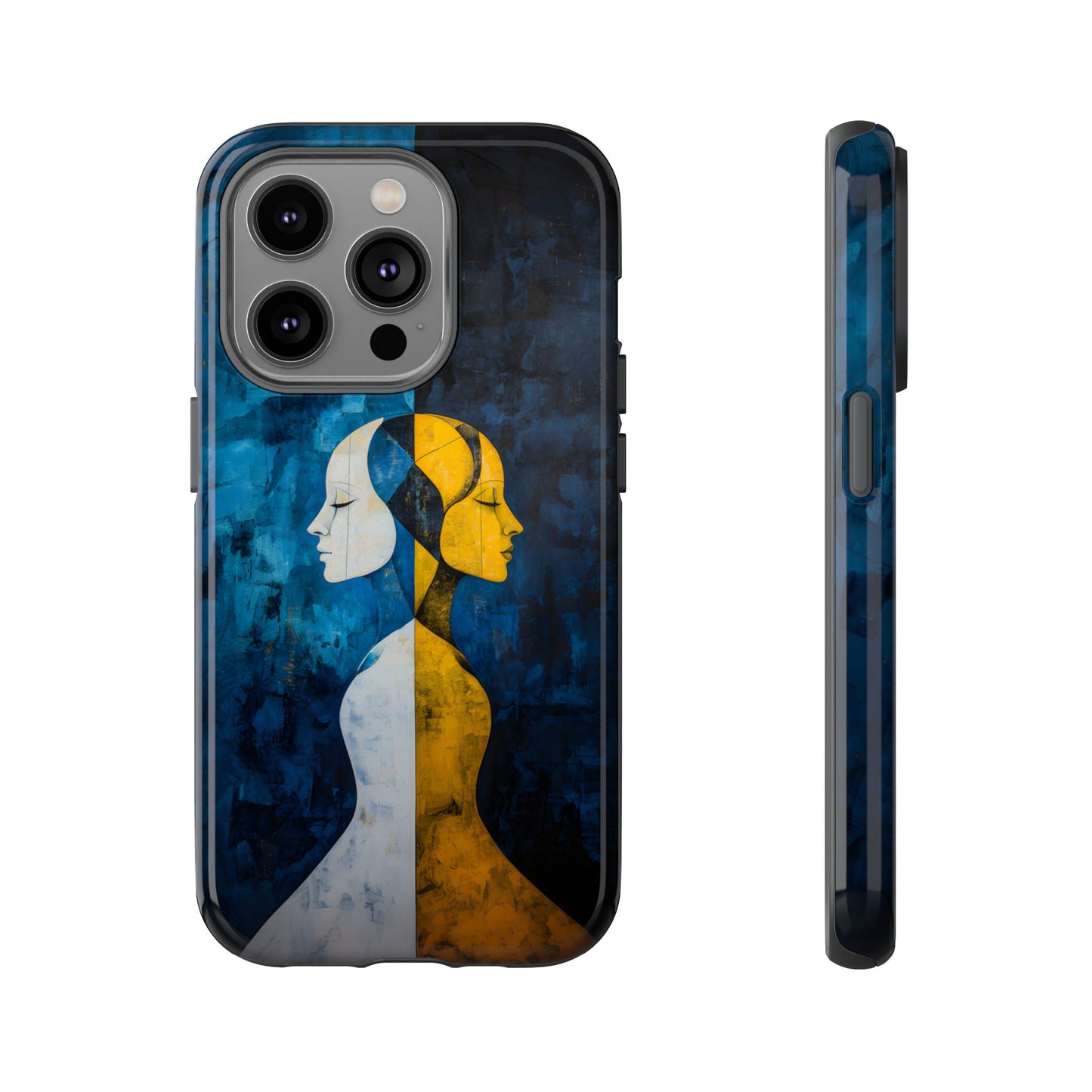 Gemini zodiac phone case featuring stylized twin figures rendered in gold and ivory against a richly textured midnight blue background, symbolizing the dual nature of Gemini.