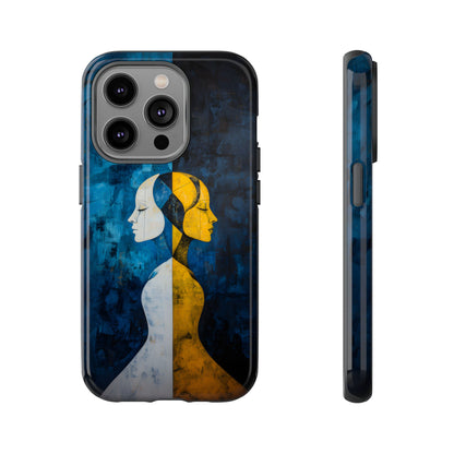 Gemini zodiac phone case featuring stylized twin figures rendered in gold and ivory against a richly textured midnight blue background, symbolizing the dual nature of Gemini.