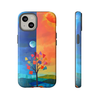 Pastoral from Dusk to Dawn phone case featuring a colorful abstract landscape with a solitary tree adorned with geometric leaves, symbolizing growth, transformation, and the passage of time.
