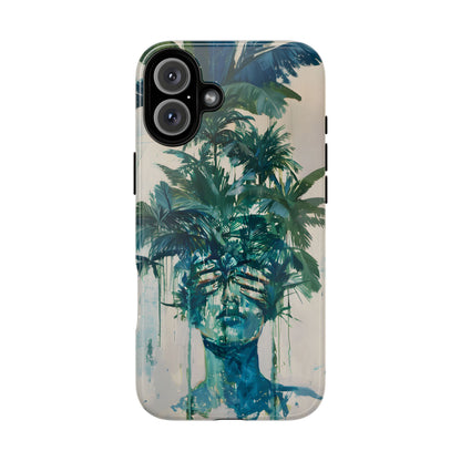 Deceitful Palms phone case featuring a surreal teal portrait partially concealed by lush tropical palm leaves, blending botanical imagery with abstract expression to symbolize hidden truths, perception, and mystery.