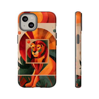 Vibrant Leo zodiac phone case featuring a majestic geometric lion surrounded by warm orange and red hues, capturing the bold, confident spirit of the Leo star sign.
