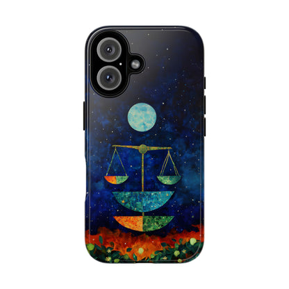 Libra zodiac phone case featuring elegant celestial scales beneath a glowing moon in a star-filled night sky, capturing the balanced and harmonious spirit of Libra.