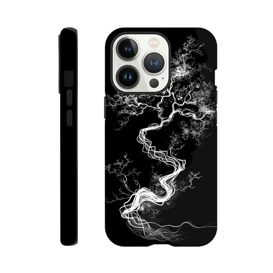An Apple iPhone 13 Pro Phone Case with the following design on it - a sketch of a white fractal tree against a black background