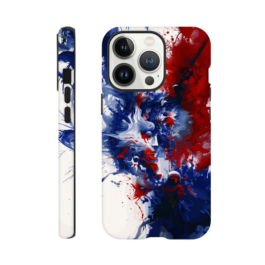 An Apple iPhone 13 Pro Phone Case with the following design on it: Abstract Blue and Red Painting, white background, ink painting, splash art in the style of ink painting, human profile in the middle which seems to be depicting someone in deep thought 