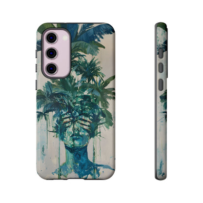 Deceitful Palms phone case featuring a surreal teal portrait partially concealed by lush tropical palm leaves, blending botanical imagery with abstract expression to symbolize hidden truths, perception, and mystery.