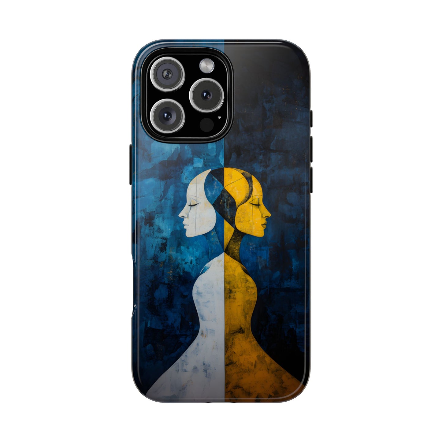 Gemini zodiac phone case featuring stylized twin figures rendered in gold and ivory against a richly textured midnight blue background, symbolizing the dual nature of Gemini.