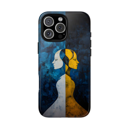 Gemini zodiac phone case featuring stylized twin figures rendered in gold and ivory against a richly textured midnight blue background, symbolizing the dual nature of Gemini.