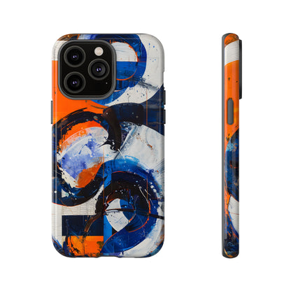 Recipe for Love and Conflict phone case featuring bold blue, orange, white, and black abstract circular forms with expressive brushstrokes and contemporary geometric artwork.