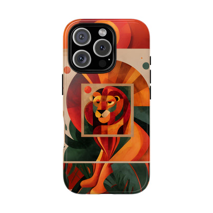 Vibrant Leo zodiac phone case featuring a majestic geometric lion surrounded by warm orange and red hues, capturing the bold, confident spirit of the Leo star sign.