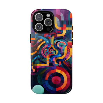 Abstract Portal phone case featuring colorful interwoven curves, concentric circles, and vibrant geometric artwork in blue, purple, orange, pink, and teal.