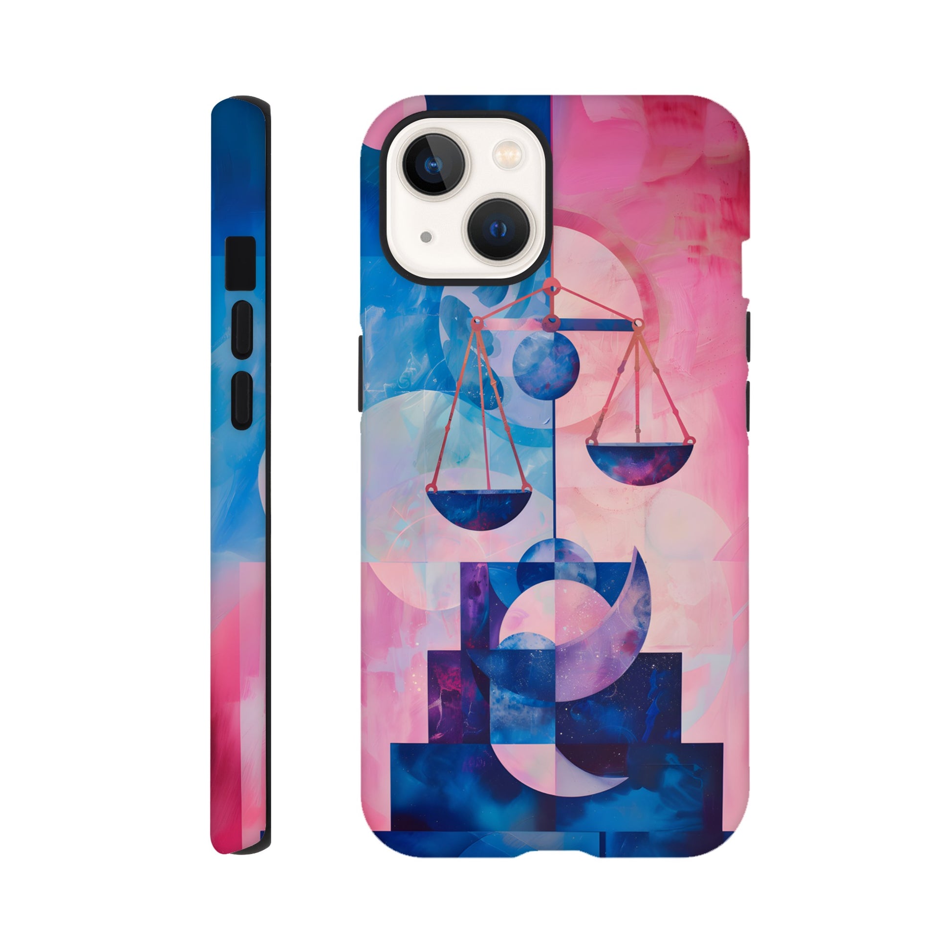 An Apple iPhone 13 Phone Case with the following design on it : The Zodiac symbol for Libra, scales of justice theme, planet Venus in the background, Bauhaus style, royal blue, light pink
