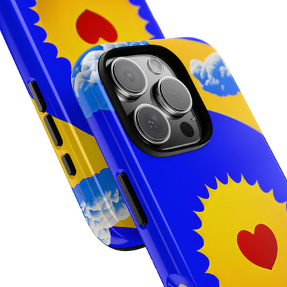 Sunshine Heart tough phone case — yellow sun with red heart on vibrant blue and yellow background by Expressive Phone Cases