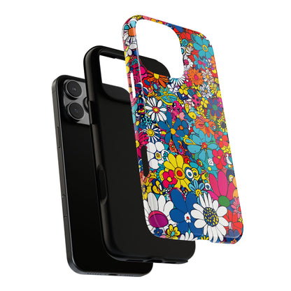 Retro Flowers phone case featuring a vibrant collage of colorful floral illustrations in a playful vintage-inspired design, celebrating creativity, joy, and timeless flower power style.