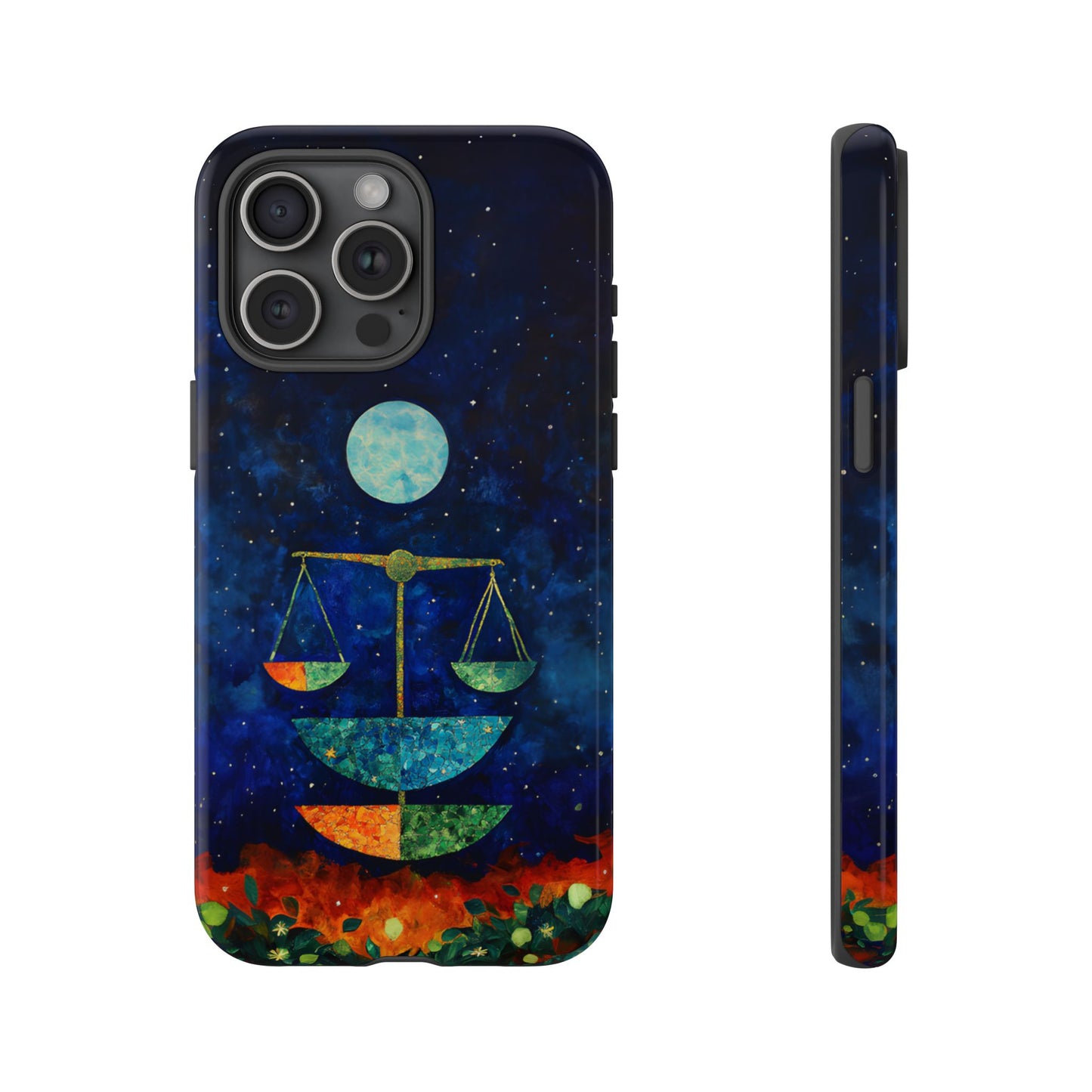Libra zodiac phone case featuring elegant celestial scales beneath a glowing moon in a star-filled night sky, capturing the balanced and harmonious spirit of Libra.