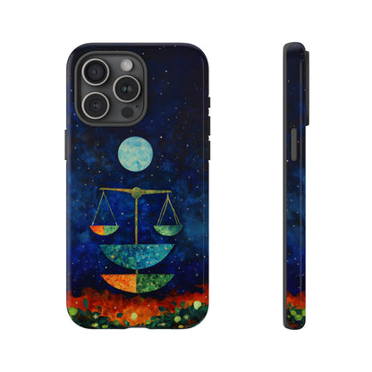 Libra zodiac phone case featuring elegant celestial scales beneath a glowing moon in a star-filled night sky, capturing the balanced and harmonious spirit of Libra.