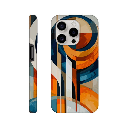 An Apple iPhone 15 Pro Phone Case with the following design on it: An abstract painting of an orange, blue and white circular design with lines in the style of cubism. The shapes create visual harmony by creating balance between soft curves and sharp angles. It uses flat color to give depth through gradients. There is an emphasis on the use of light and shadow. In some places there's an airbrush effect