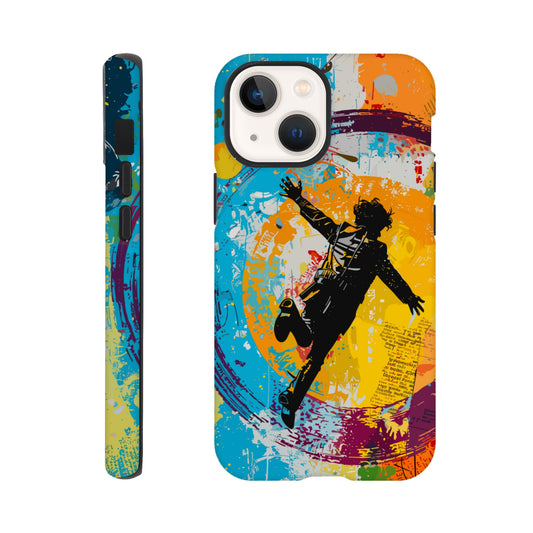 An Apple iPhone 13 Mini Phone Case with the following design on it -A graffiti style painting of the back of a human male in a suit falling in mid-air, with bold colors. The background is filled with vibrant splashes of color and newspaper texture in the style of American pop art