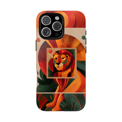 Vibrant Leo zodiac phone case featuring a majestic geometric lion surrounded by warm orange and red hues, capturing the bold, confident spirit of the Leo star sign.