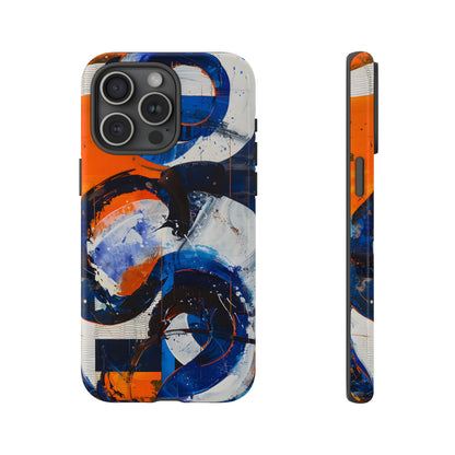 Recipe for Love and Conflict phone case featuring bold blue, orange, white, and black abstract circular forms with expressive brushstrokes and contemporary geometric artwork.