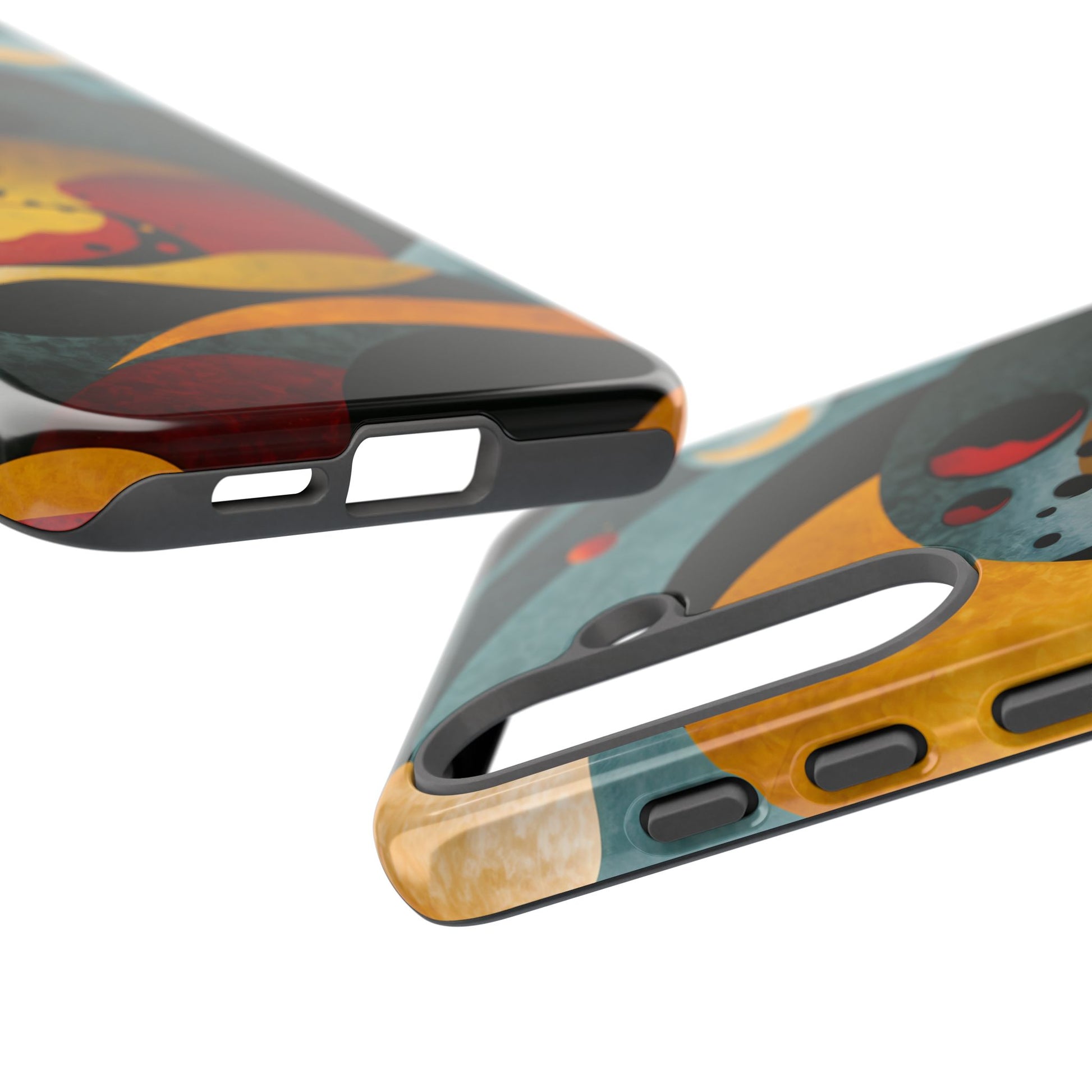 Molecular Moons phone case featuring abstract celestial spheres and flowing geometric forms in deep blue, gold, red, and black tones, evoking cosmic motion, mystery, and exploration.