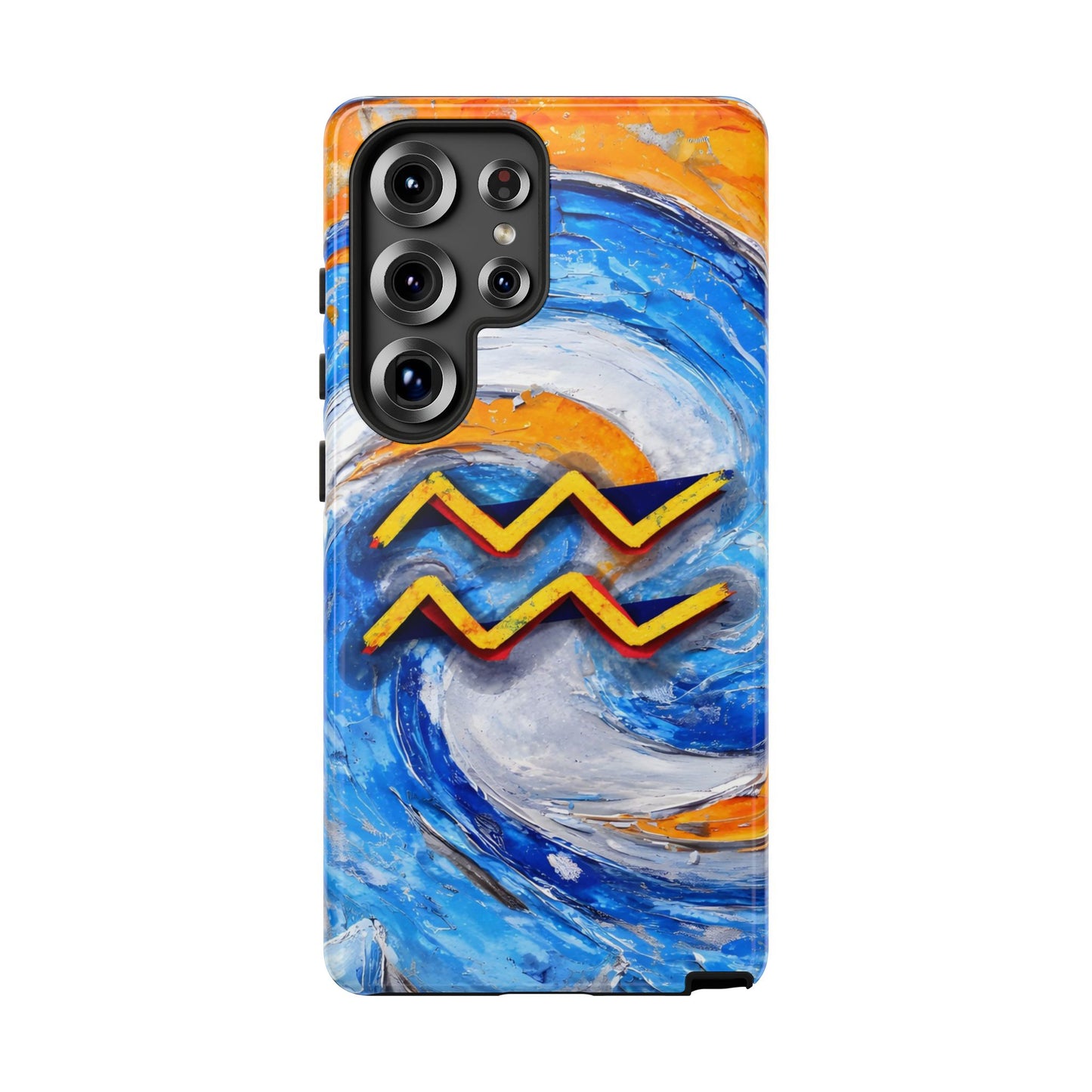 Aquarius zodiac phone case featuring vibrant blue swirling artwork, orange accents, and a bold Aquarius symbol on a protective glossy phone case.