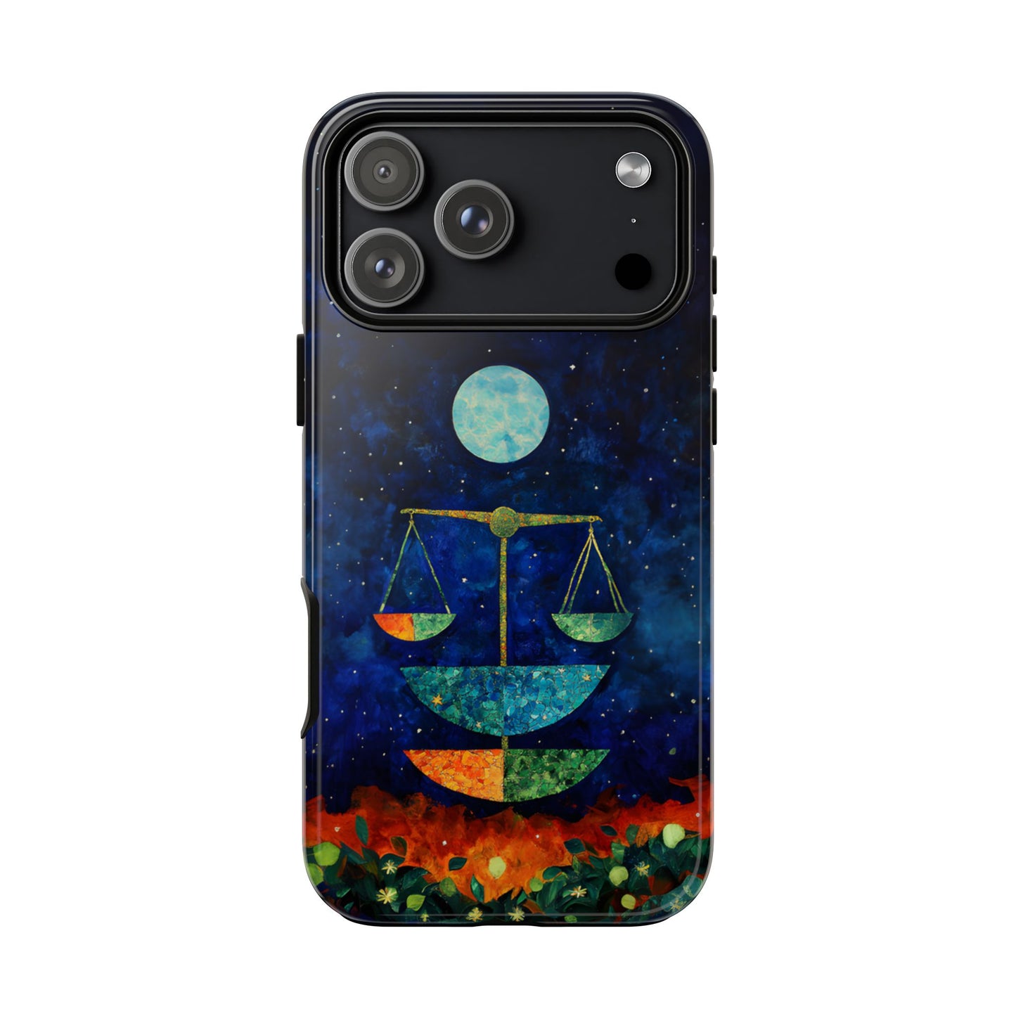 Libra zodiac phone case featuring elegant celestial scales beneath a glowing moon in a star-filled night sky, capturing the balanced and harmonious spirit of Libra.