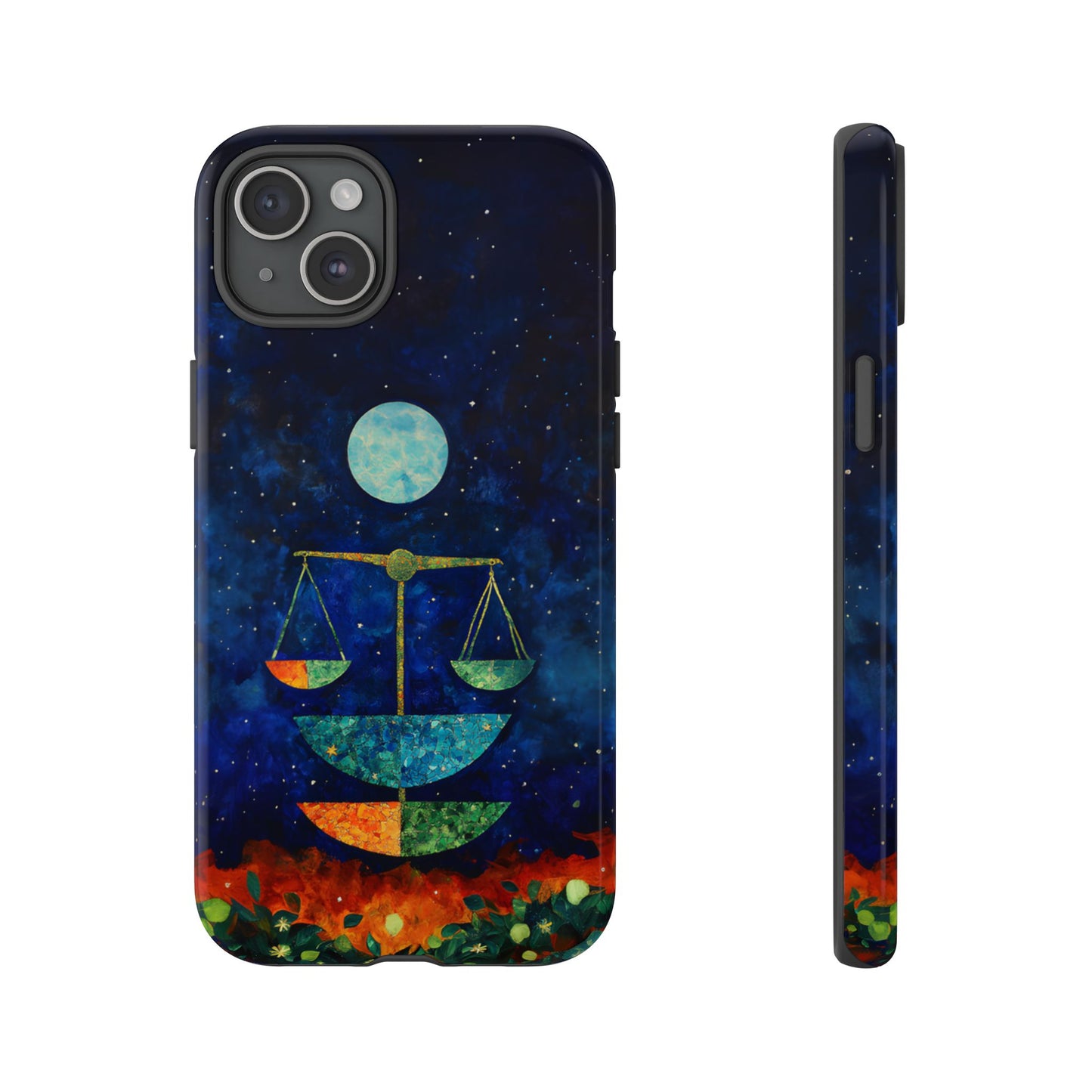 Libra zodiac phone case featuring elegant celestial scales beneath a glowing moon in a star-filled night sky, capturing the balanced and harmonious spirit of Libra.